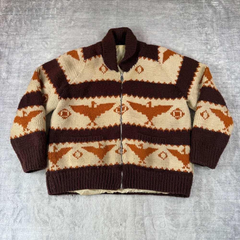 Vintage Cowichan Sweater Mens Large Brown Thunderbird 1970s Lined Wool Zip Up